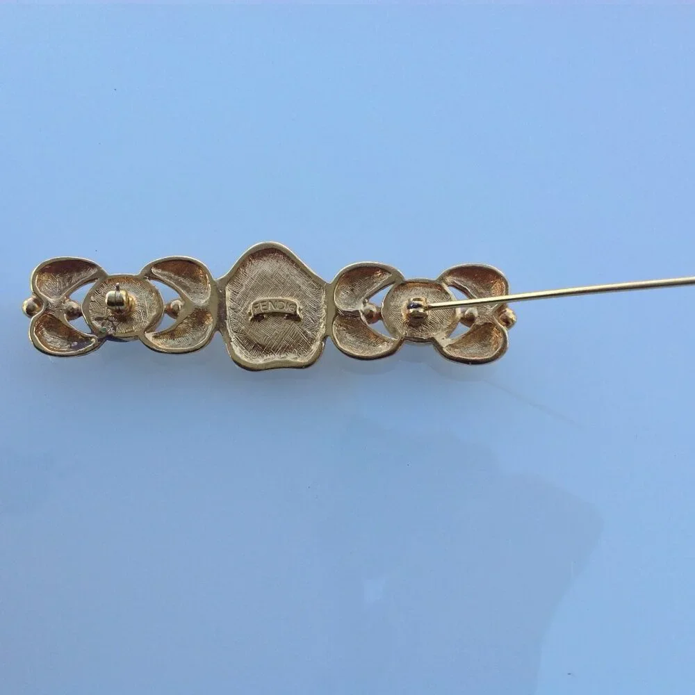 Fendi Brooch Victorian Revival Bar Rhodium Gold Intaglio Logo + Onyx Cabochons